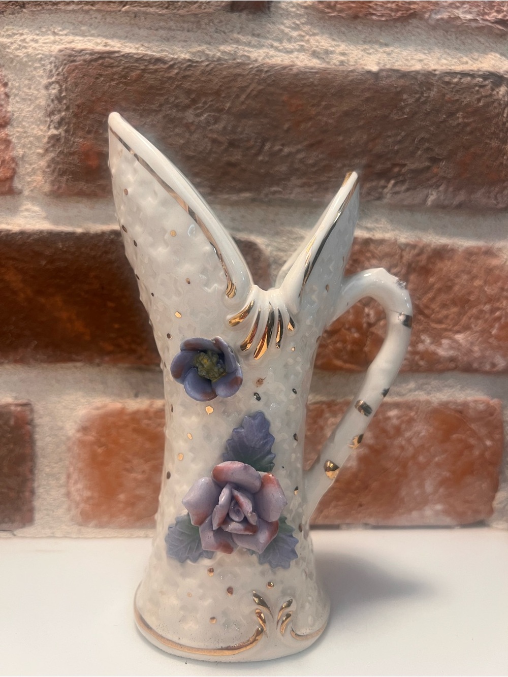 Vintage White bud vase with Purple Floral Appliqués and Gold Trim